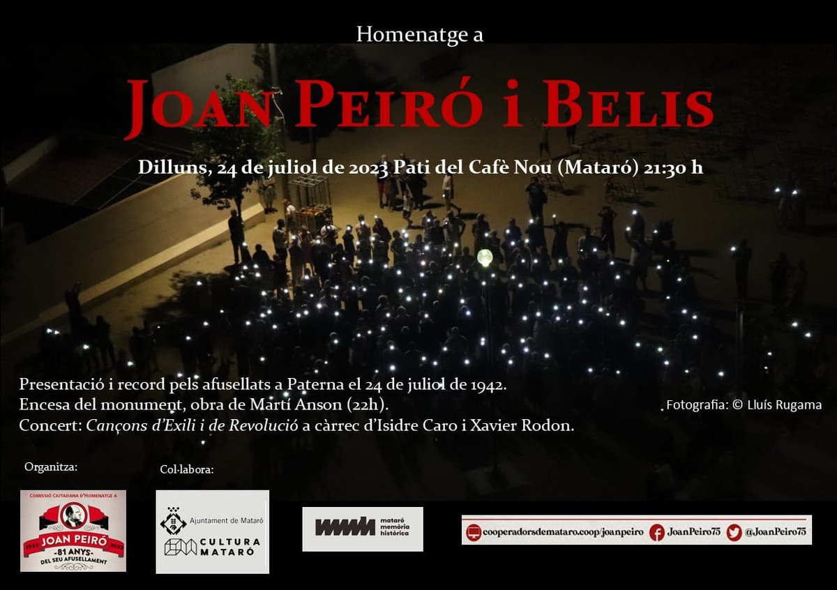 📣 Avui és un dia molt significat per a la classe obrera del #Maresme. Es compleixen 81 anys de l'afusellament  de Joan Peiró i Belis per part del feixisme espanyol, sindicalista de la CNT i destacat cooperativista mataroní. 

✊ Les treballadores i treballadors no t'oblidem!