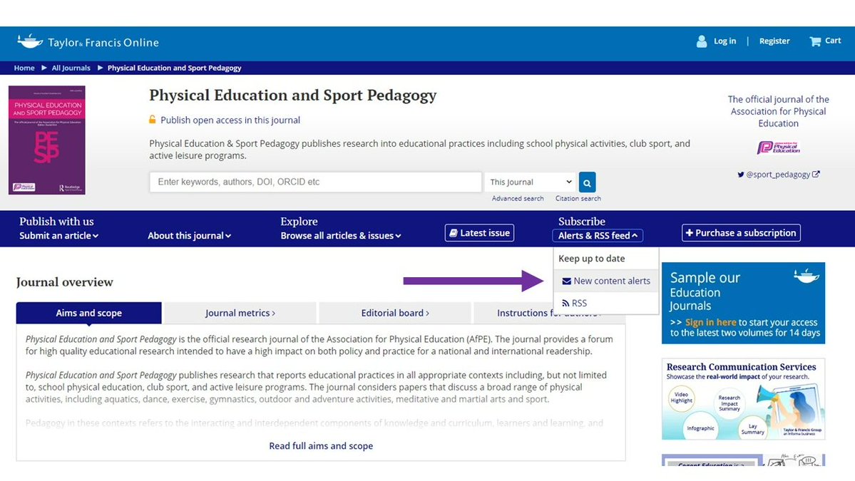 Physical Education and Sport Pedagogy (@sport_pedagogy) on Twitter photo Want to keep up to date with the latest PESP research?
Visit the journal homepage and navigate to the Alerts & RSS feed, then hit New content alerts - it's free to register.
<a href="/tandfsport/">Routledge Sport, Leisure, and Tourism</a>. <a href="/afPE_PE/">Association for Physical Education</a>. Want to keep up to date with the latest PESP research?
Visit the journal homepage and navigate to the Alerts & RSS feed, then hit New content alerts - it's free to register.
<a href="/tandfsport/">Routledge Sport, Leisure, and Tourism</a>. <a href="/afPE_PE/">Association for Physical Education</a>.