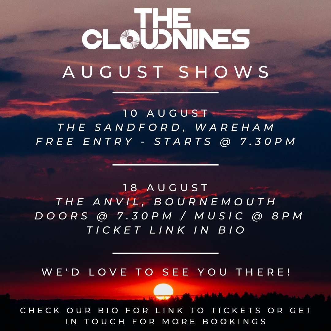Excited to announce our gigs for August!

We'll be down The Sanford Pub, Wareham on 10th August. Free entry and 3 other great acts on as well!🤘🏻

Then we will be playing The Anvil, Bournemouth on 18th August. Ticket link: wegottickets.com/event/588021 

#bournemouth #wareham #poole