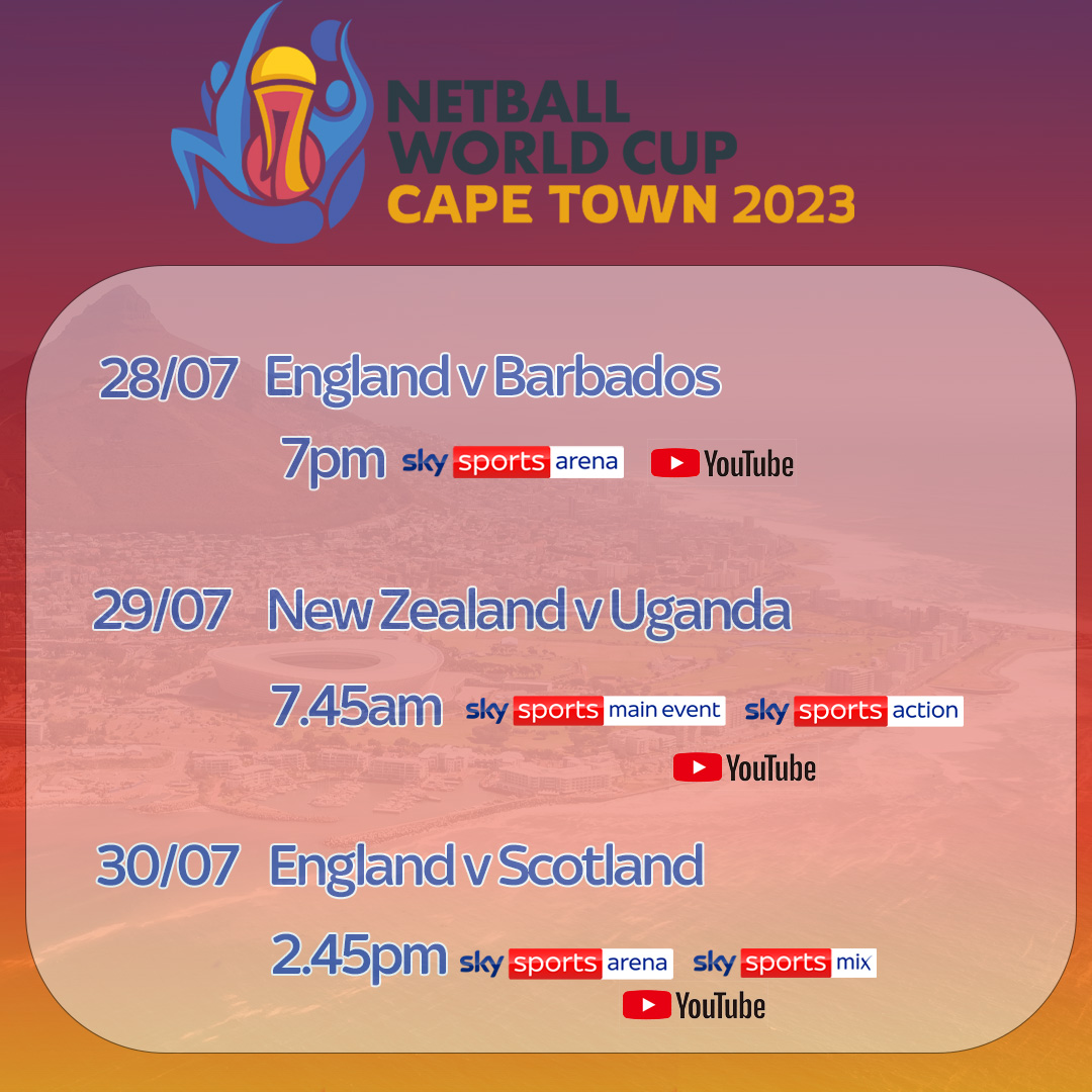 Netball World Cup 2023🏐 Check out the schedule for the first few days. Coverage will start this Friday 28th from 7pm. Live on Sky Sports and Sky Sports YouTube. You don't want to miss it!