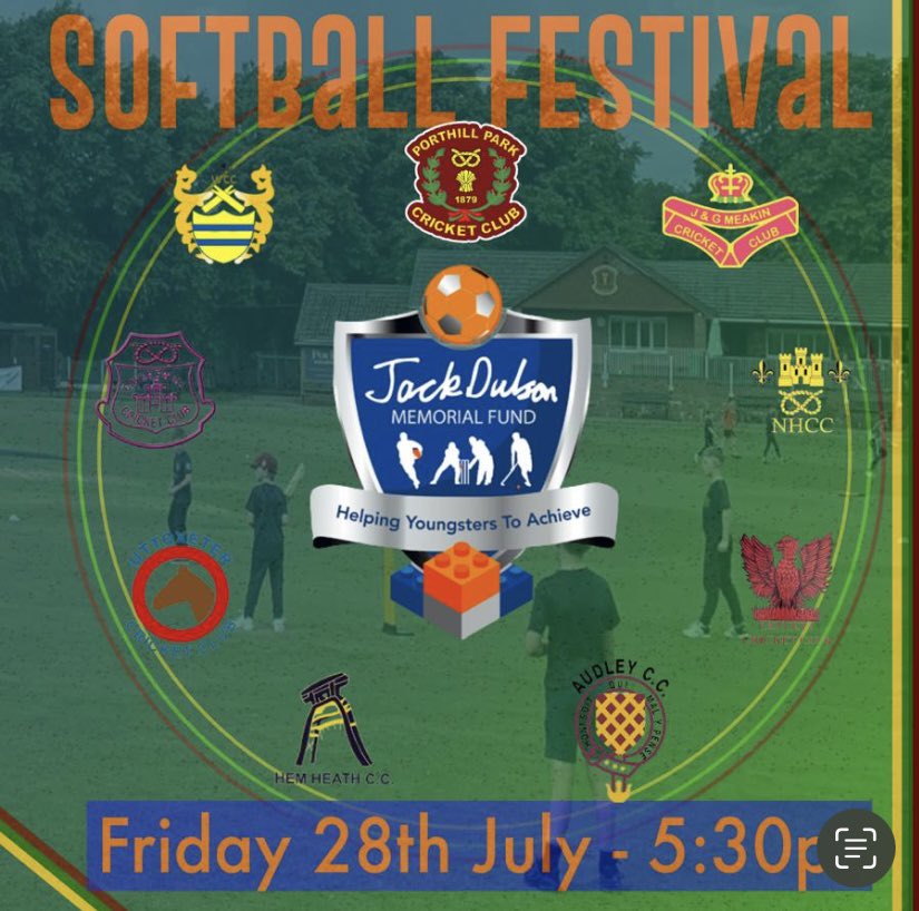Its the <a href="/JackDulsonMF/">Jack Dulson Memorial Fund</a> softball festival <a href="/PPCC_Cricket/">Porthill Park CC</a> on Friday 28th July 🏏 1st games start at 5:30pm, gates open from 4:45pm. Final 🏆🏅8pm. Fresh Pizza, burgers, Kitchen open &amp; bars open. Raffle &amp; auction prizes are welcomed. Massive thanks to all the clubs who support 🏏🍕