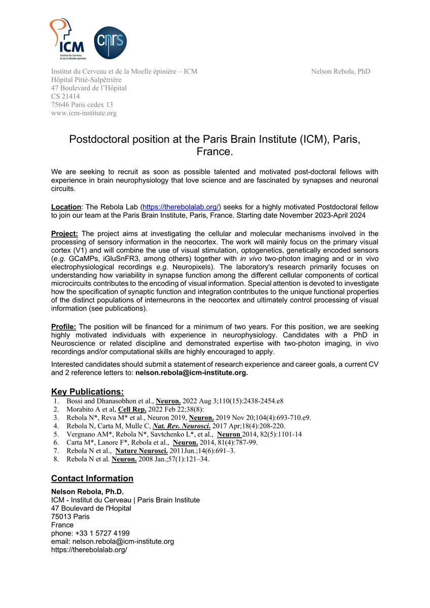 @NelsonRebola (@nelson_rebola) on Twitter photo We are seeking to recruit postdoctoral fellows with experience in brain neurophysiology to our team therebolalab.org
<a href="/InstitutCerveau/">Institut du Cerveau - Paris Brain Institute</a>
If you are interested in neuronal circuits and how synapses determine functional properties of neuronal networks please apply. We are seeking to recruit postdoctoral fellows with experience in brain neurophysiology to our team therebolalab.org
<a href="/InstitutCerveau/">Institut du Cerveau - Paris Brain Institute</a>
If you are interested in neuronal circuits and how synapses determine functional properties of neuronal networks please apply.