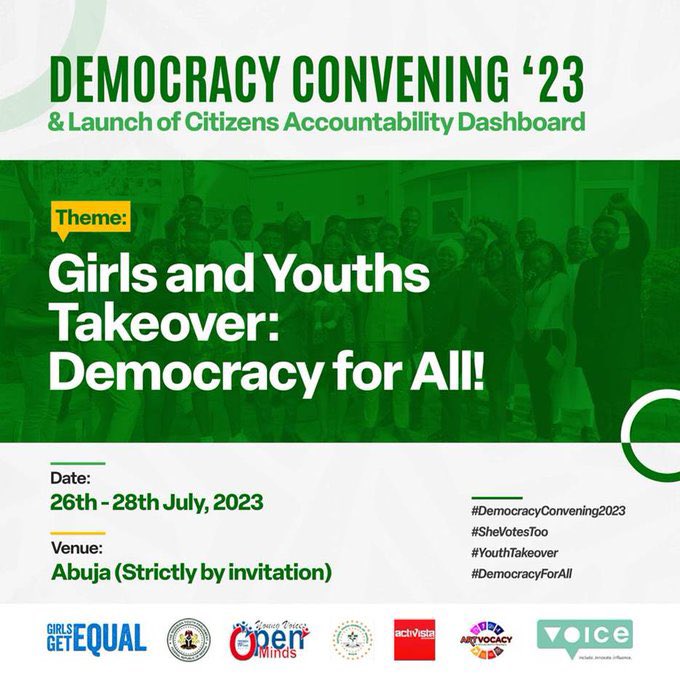GirlsgetequalA's tweet photo. It’s less than 2 days to the convening of young activists for the ‘Girls and Youths Takeover’ of policy influencing and decision making, as well as the launch of ‘Citizens Accountability Dashboard.’ 

 @GirlsNotBrides @oxfaminnigeria 
@Artvocacy_  @fes_nigeria @faithadaji4 https://t.co/ifLHVXZWfp