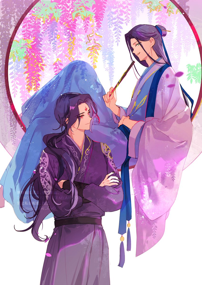 2boys multiple boys long hair male focus wisteria crossed arms chinese clothes  illustration images