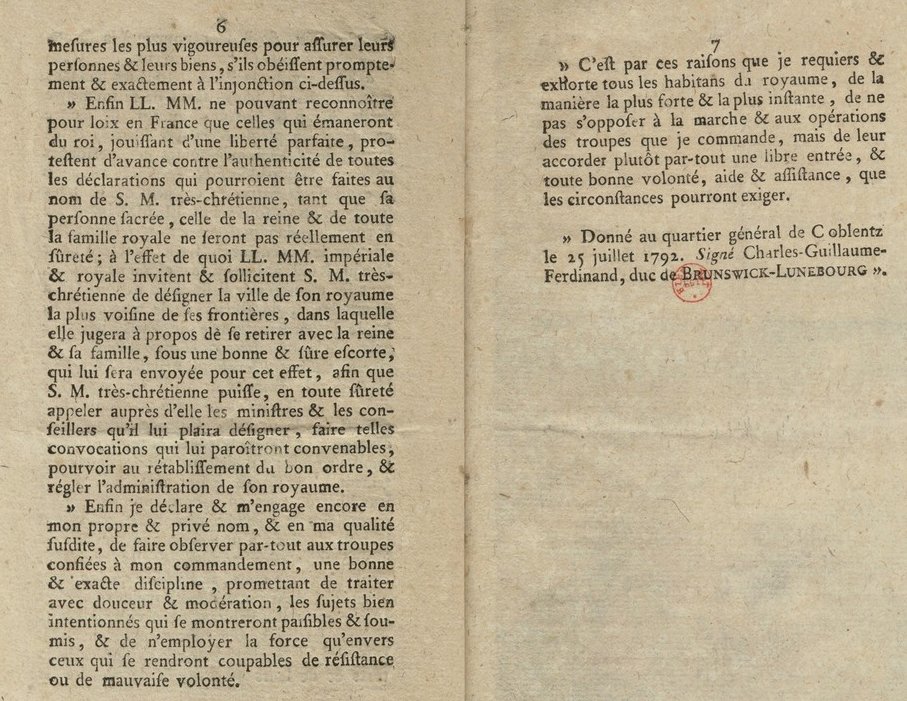 25 juillet 1792 Manifeste de #Brunswick (connu à Paris le 28 juillet). Destiné à l’origine à intimider Paris et protéger la personne du roi #LouisXVI, il va au contraire radicaliser la #Révolution et conduire à la prise des #Tuileries le 10 août 1792.