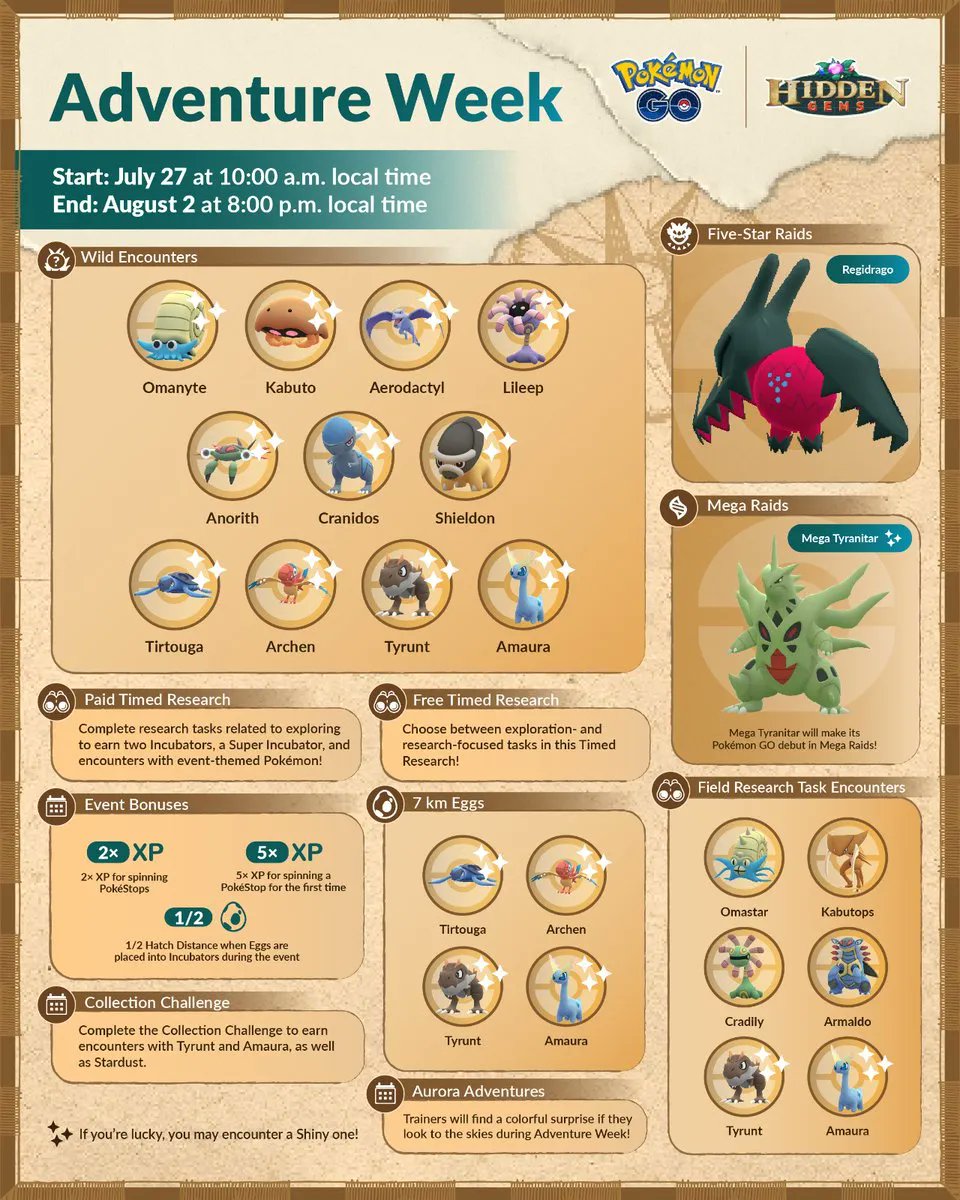 Adventure Week
Thurs, July 27 at 10A to Wed, Aug 2 at 8P LT
Pokemon Debuts - Mega Tyranitar