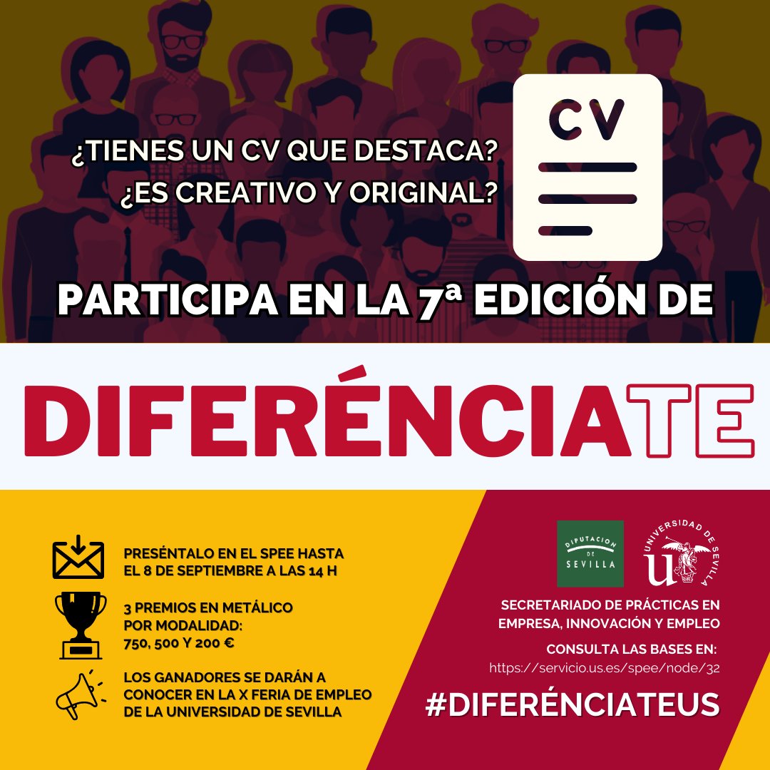 Prácticas/Empleo US (@spee_us) on Twitter photo Te recordamos que está abierto el plazo para participar en el concurso de CV de <a href="/unisevilla/">Universidad de Sevilla</a> Diferénciate. Consulta las bases en servicio.us.es/spee/concursocv Te recordamos que está abierto el plazo para participar en el concurso de CV de <a href="/unisevilla/">Universidad de Sevilla</a> Diferénciate. Consulta las bases en servicio.us.es/spee/concursocv
