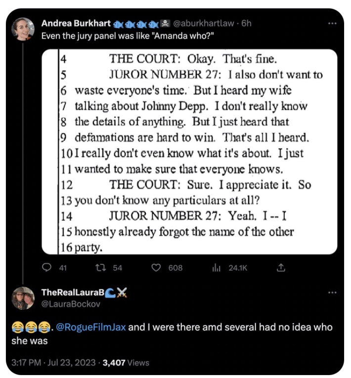 OnPage64's tweet photo. So no defamation then, if no one even knew who she was. They really do love telling on themselves that this whole thing was just about getting the chance to hate on an abuse survivor for not really even speaking up about their fave ole pirate
#DeppAnon #IStandWithAmberHeard https://t.co/DP2xoMoGlc