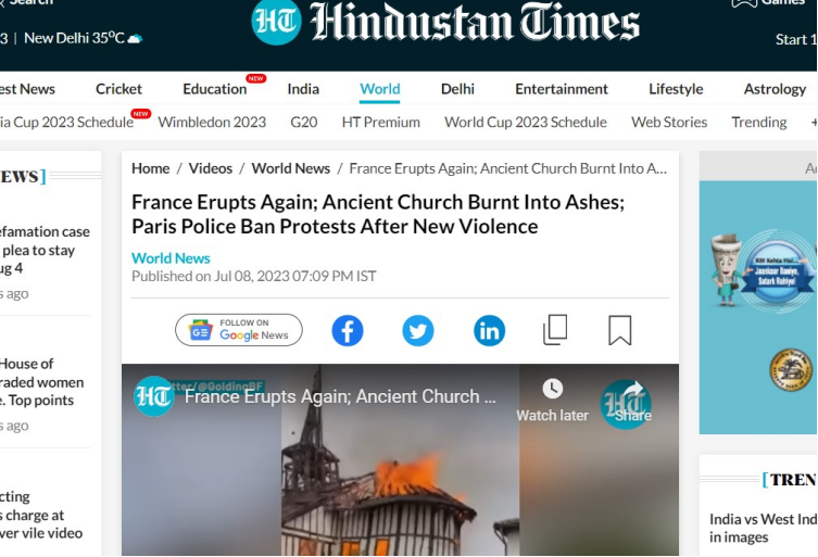 4/n 
अख़बार @htTweets  ने फ्रांस में हुई इस घटना को कवर किया है। खबर में हिन्दुस्तान टाइम्स द्वारा बताया गया है कि- उत्तर-पूर्वी फ्रांस में 16वीं सदी के एक चर्च पर कथित तौर पर हमला किया गया। भीषण आग ने ड्रोस्ने के प्राचीन चर्च को जलाकर राख कर दिया। 

#Church #franceViolence
