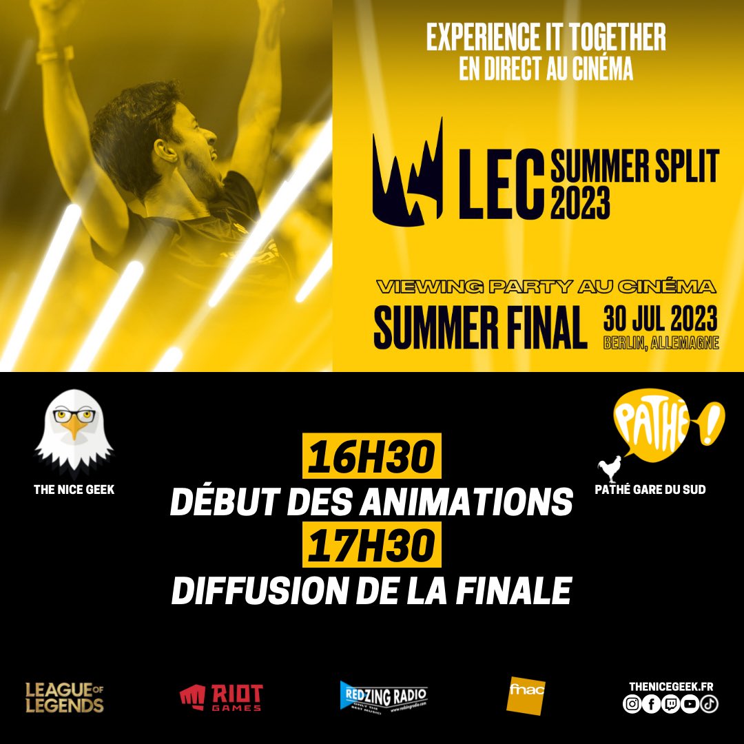 TheNiceGeek06's tweet photo. 🚨 #LEC Summer Final :
📍RDV Dimanche 30 juillet au #cinéma @pathefrance #GareDuSud  
🕟 16h30 : début des animations
🕠 17h30 : Diffusion de la finale @lolesports 
🎟️ 1 place offerte si tu viens déguisé en personnage de @LeagueOfLegends
#LoL #LeagueOfLegends #lec2023 https://t.co/oW9ZIzb2h8