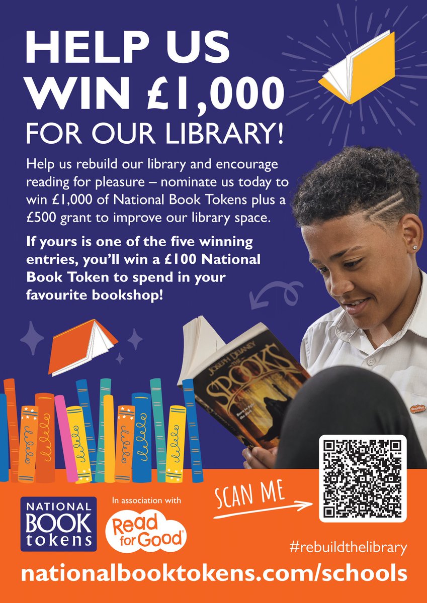 Win £1,000 for our wonderful school and an annual membership to the School Library Association to help them #rebuildthelibrary - plus win a £100 National Book Token just for you. Enter online now! nationalbooktokens.com/schools?twclid…