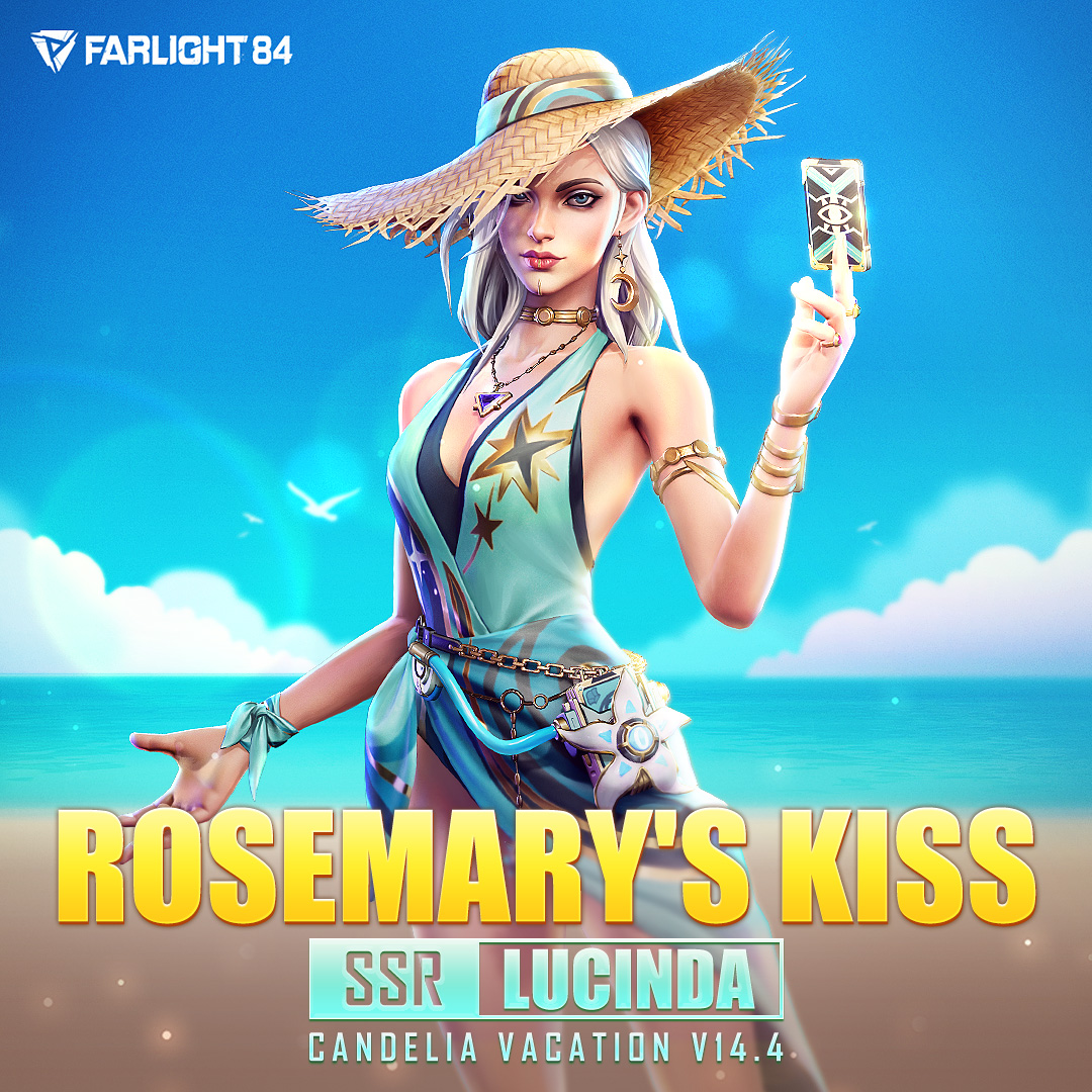 🌹SSR Hero Skin Lucinda - Rosemary's Kiss🌊
Amid midsummer, the long-forgotten coastline comes alive with the gentle breeze, rolling waves, warm sunshine, and refreshing sips of ice-cold orange soda. 🍹🍊
Available in V14.4! 🚀✨
 #Farlight84