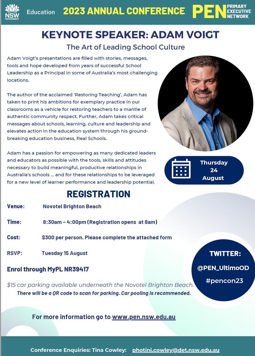 Our annual conference is fast approaching 24/8/23: The Art of Leading School Culture with the amazing <a href="/adam_voigt/">Adam Voigt</a> Enrol now. Seats selling fast! MyPL: NR39417. <a href="/dizdarm/">Murat Dizdar</a> <a href="/AndrewFielding8/">Andrew Fielding</a> <a href="/photini_c/">Tina Cowley</a> <a href="/NicoleMc1920/">Nicole McGee</a> <a href="/missiervasi/">Tina Iervasi</a> <a href="/KarenMOR7/">Karen MORRIS</a> @PEN_UltimoOD #pencon23