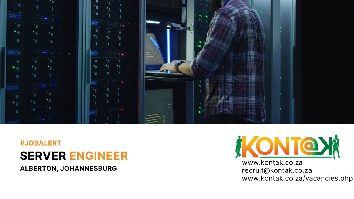 kontak1's tweet photo. Server Engineer (JB3391)
Alberton, Johannesburg

Please email your CV to recruit@kontak.co.za and quote JB3391 in the subject line
For full JD &amp; to apply online https://t.co/0vwRqiKL6m

#ServerEngineer #ITJobs #HiringNow #TechJobs #JobOpening #CareerOpportunity #TechCareer https://t.co/J2W8ndENxr