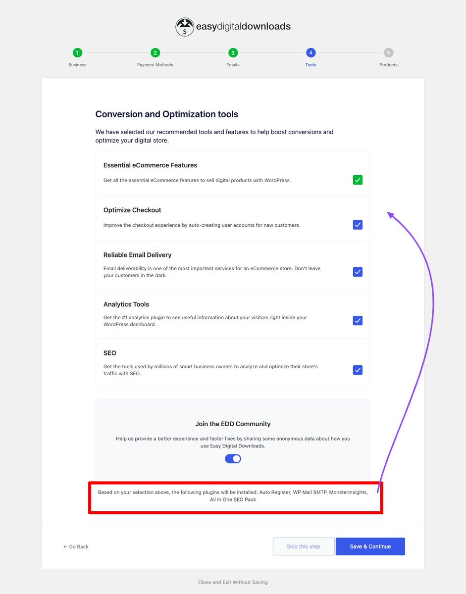Gtarafdarr's tweet photo. Did you check EDD's new setup wizard?
It will install all of these plugins if you keep the checked mark as it is. I thought those r built-in features.
But it will be helpful if they mention plugin names in the points, IMO. Most related items might be available on the user's site https://t.co/O4dWShsEcG