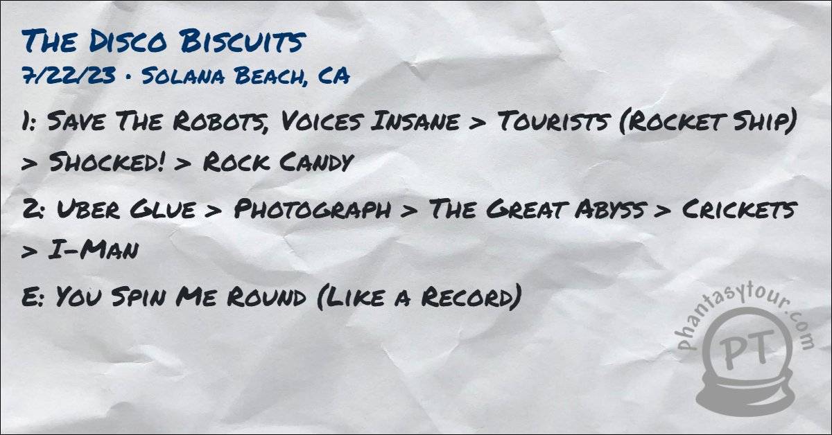 7/22/23 <a href="/disco_biscuits/">The Disco Biscuits 🌲👽🌲</a> at <a href="/BellyUpMusic/">Belly Up</a>

More deetz: ptour.me/bisco-2023-07-…

Tour stats: ptour.me/bisco-stats-20…

#tdbsetlist #tdb #bisco #thediscobiscuits #discobiscuits #sorryifyoudont #theynastybuttheygood #ptsetlists #biscosetlists #biscostats <a href="/phantasytour/">Phantasy Tour</a>
