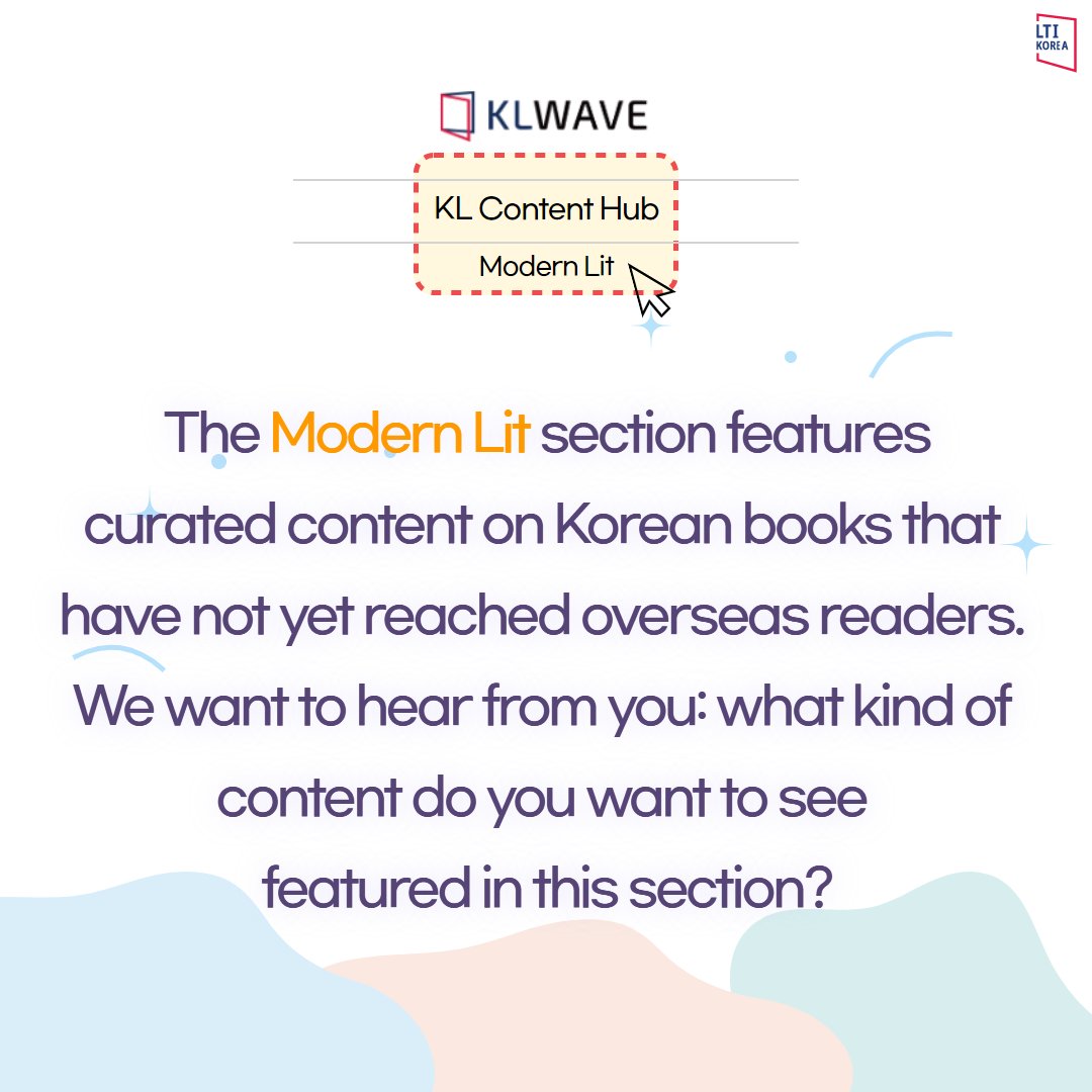 ltikorea's tweet image. (2/2)1️⃣ Follow our SNS channels 2️⃣Like this tweet and share it with #KLWAVEevent hashtag 3️⃣Reply with your content ideas for the ‘Modern Lit’ section
🎁Prize: 10 USD Amazon Gift Card (5 lucky winners)
📅Period: July 24-31, 2023 (KST)
💝Result: August 1, 2023 (KST)
#KLWAVE #Event