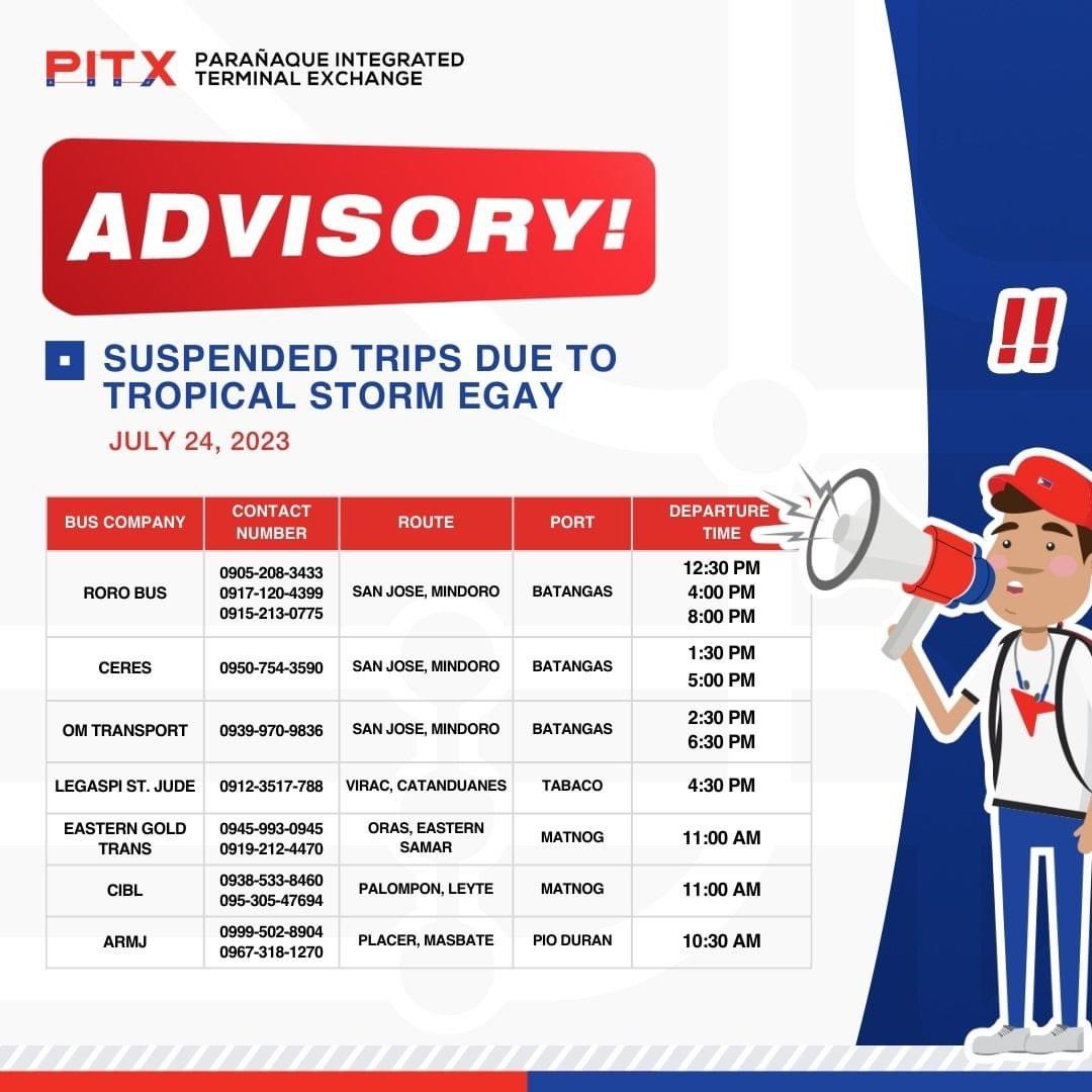 Pureforcerescue's tweet photo. LOOK: The PITX on Monday announces that trips to the following provinces are suspended due to Typhoon #EgayPH:

• San Jose, Mindoro 
• Virac, Catanduanes 
• Oras, Eastern Samar 
• Palompon, Leyte 
• Placer, Masbate https://t.co/XsTMTfcHGL