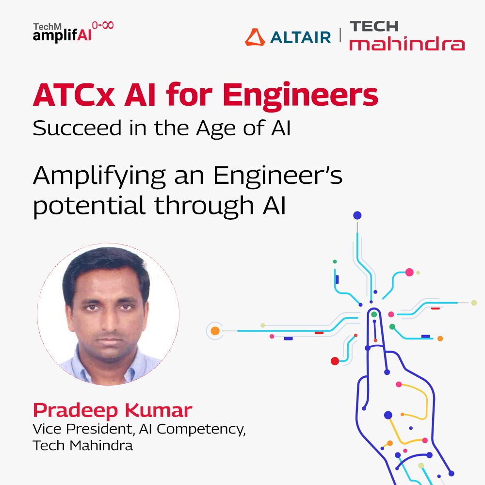 tech_mahindra's tweet photo. We're a proud sponsor at @Altair_Inc’s ATCx AI for Engineers event.
Join us on July 26th to explore the latest #ArtificialIntelligence megatrends impacting engineers.
Register to unlock the potential of data science and #AI: https://t.co/Xmn3Fe841U
#NxtNow #AltairPartner #techMamplifAI #GenerativeAI