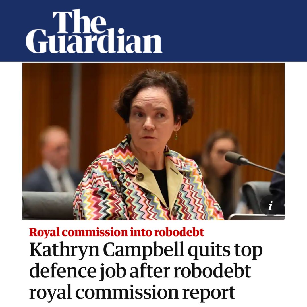 spenderallegra's tweet photo. After all we’ve learnt on Robodebt, it’s appropriate that Kathryn Campbell resign. But this wasn’t the responsibility of just one woman. 
The politicians, lawyers &amp; bureaucrats who enabled this disgraceful and illegal fraud should all be held to account. https://t.co/YdVuweFv5X