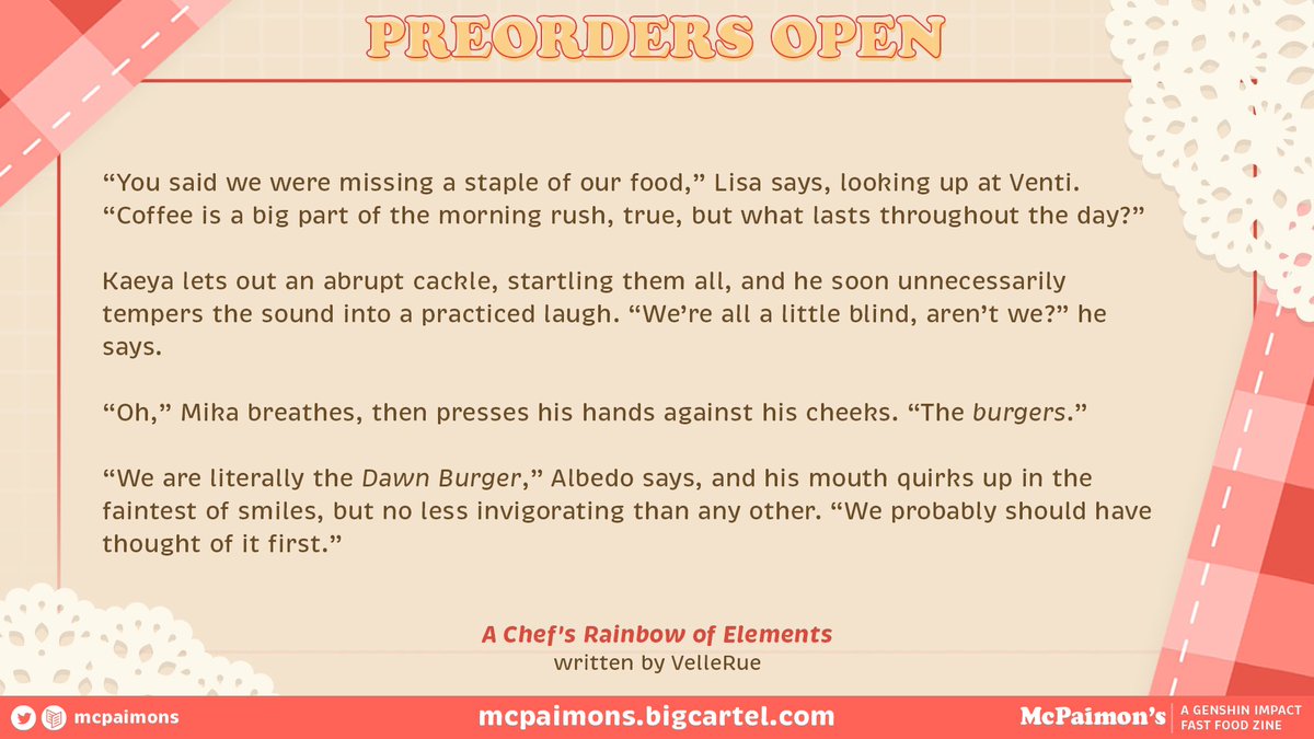 My preview for <a href="/mcpaimons/">McPaimon's | POs Closed!</a>! In which the crew for the Dawn Burger try to think of ideas for a monthly special, and Venti enjoys every minute of it.

PO’s open until August 20. Please check it out! We’ve got comfort food~ mcpaimons.bigcartel.com