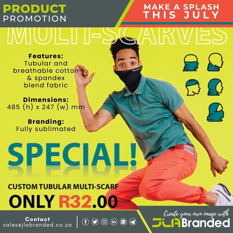 Make a bold statement with your brand with these versatile and eye-catching full-colour sublimated tubular multi-function scarves.

Promotion ends 31 July 23.

For more contact 📨 sales@jlabranded.co.za 

#JLABranded #Headwear #PromotionalGifts

T's & C's apply.