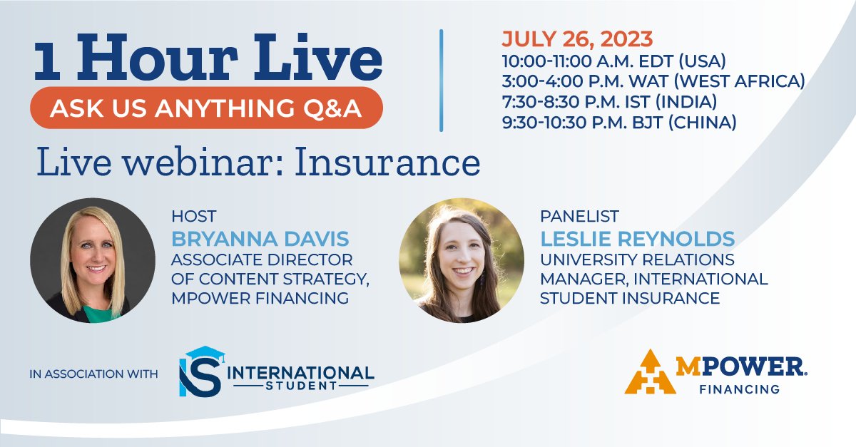 MPOWERfinancing's tweet photo. Live Event Alert! 🚨

Join us for a 1 Hour Live Webinar on Insurance at 10 a.m. EDT this Wednesday.

Reserve your spot here: https://t.co/X6qrtVxChS

#AskMPOWER #feelingMPOWERed #studyabroad #internationalstudents https://t.co/qW1cwjTf91