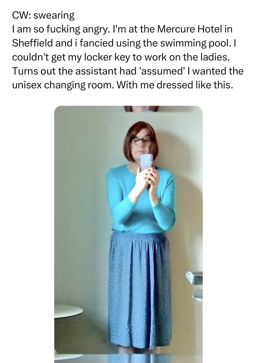 bencooper's tweet photo. There’s two telling points about this:

1: He thinks he should be treated differently because of stereotypical ideas about clothing.

2: A unisex changing room - which is for anyone - isn’t good enough. Ask yourself why.

Any suggestion this is ‘progressive’ is absurd. https://t.co/pjl29tLlLW