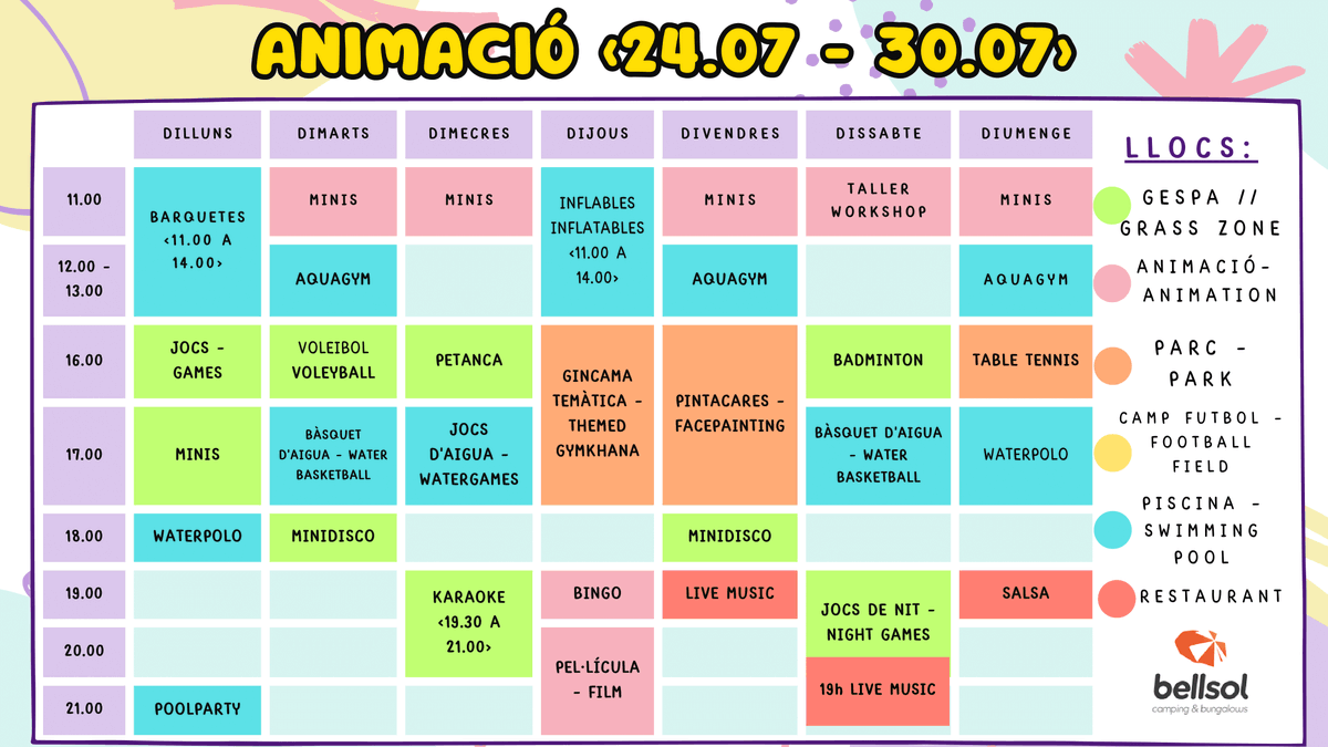 CBellsol's tweet image. Ja és dilluns i això vol dir que us portem el nou planning d'animació d'aquesta setmanal! Quina activitat us ve més de gust? 😋🤩

#campingbellsol #bellsol #pinedademar #calella #maresme #barcelona #camping #summer 💯