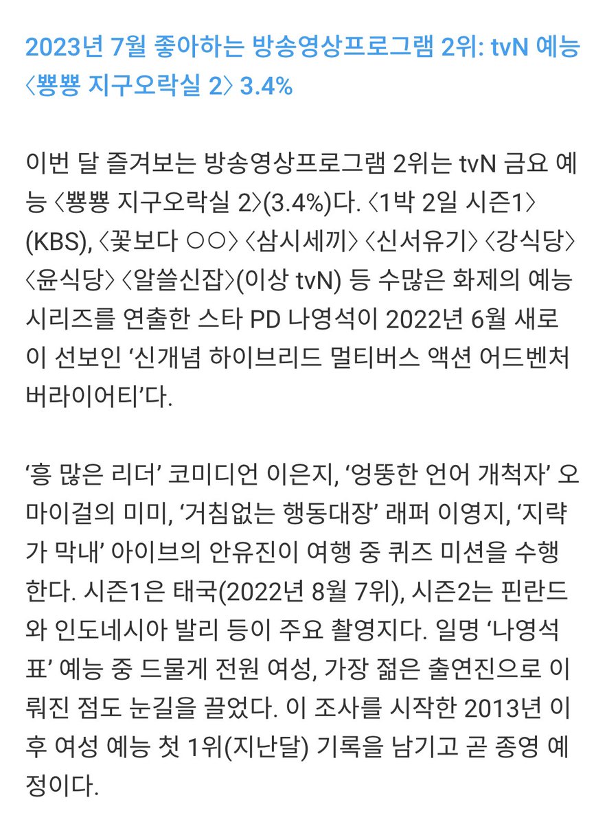 [갤럽 리포트] 2023년 7월 좋아하는 방송영상프로그램 2위: tvN 예능 〈뿅뿅 지구오락실 2〉 3.4%

일명 ‘나영석 표’ 예능 중 드물게 전원 여성, 가장 젊은 출연진으로 이뤄진 점도 눈길을 끌었다. 이 조사를 시작한 2013년 이후 여성 예능 첫 1위(지난달) 기록을 남기고 곧 종영 예정이다.🥹