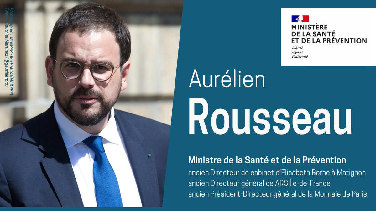 #Nomination | @Aur_Rousseau, ancien Directeur de cabinet de la Première Ministre @Elisabeth_Borne et ancien Directeur général de l’@ARS_IDF, est nommé nouveau Ministre de la Santé et de la Prévention. Il succède ainsi à @FrcsBraun qui occupait ce poste depuis Juillet 2022.