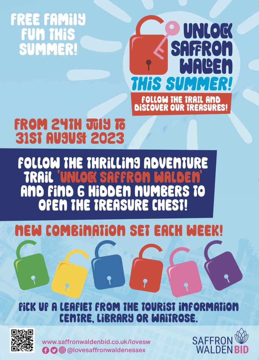 UNLOCK SAFFRON WALDEN THIS SUMMER 😀🔐

Starts TODAY 24th July 🤩
 
Can you find the six different coloured numbered padlocks hidden around Saffron Walden town centre this summer? Find the code and find the treasure!
 
Visit <a href="/swtic/">Saffron Walden TIC</a> for a leaflet 
#saffronwalden