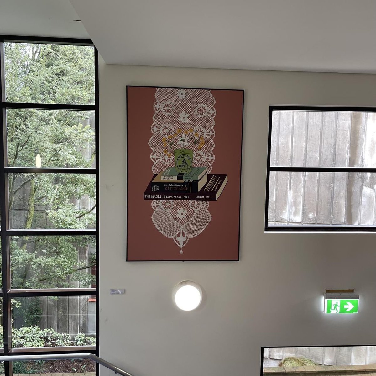 One of the most popular Library postcards we have produced this year was of the artwork "Senecio Greyi' by Ayesha Green (Kāi Tahu, Ngāti Kahungunu.) Come and see the original in all its glory, freshly-installed today over the MB stairs. Learn more: kohika.canterbury.ac.nz/opac_canterbur…