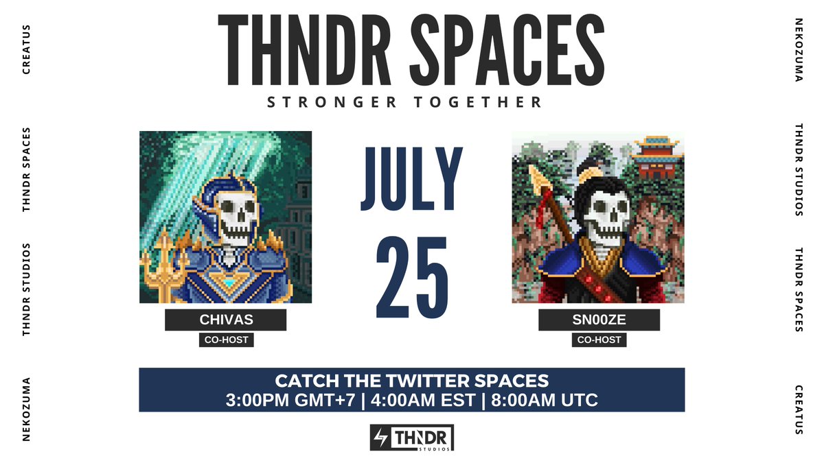 ThndrSpaces's tweet photo. ⚡️ THNDRSPACES ⚡️

🎙️ Join @chivasweb3 and @sn00ze_sol as they unleash electrifying market insights, get blown away by the most captivating NFTs this week, and buckle up for an exclusive alpha! 🔥

🗓️ Save the date: July 25, 2023 - 8:00 AM UTC ⚡️ https://t.co/owKkiMD6X8