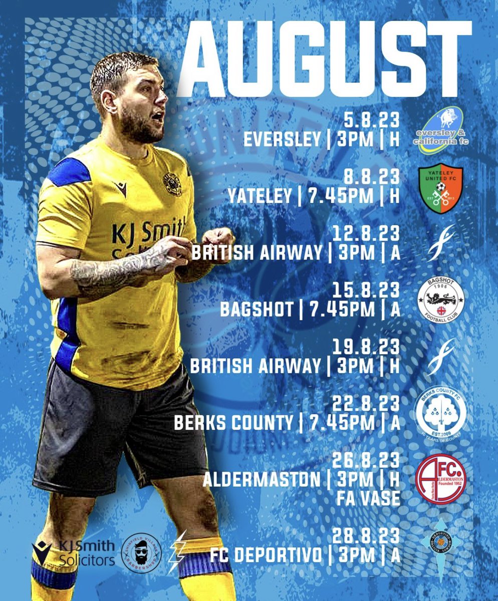⚽ August Fixtures 

Our opening fixture in the <a href="/ComCoFL/">Combined Counties Football League</a> Division 1 will be a home game against our good friends at <a href="/EversleyCaliFC/">Eversley & California FC 🐗</a> 

This is followed by a midweek home game against league newcomers <a href="/YateleyUtdFC/">Yateley United FC</a> 

Take a look at our August league fixtures below 👇