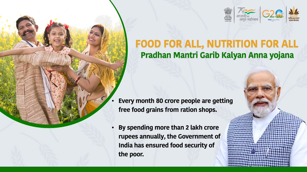 PIB_India's tweet photo. Pradhan Mantri Garib Kalyan Ann Yojana is benefitting more than 80 crore people

The Central Government is spending more than Rs 2 lakh crore to remove the financial burden of the poor and the poorest of the poor

#PMGKAY https://t.co/bVTeQn5jZ0