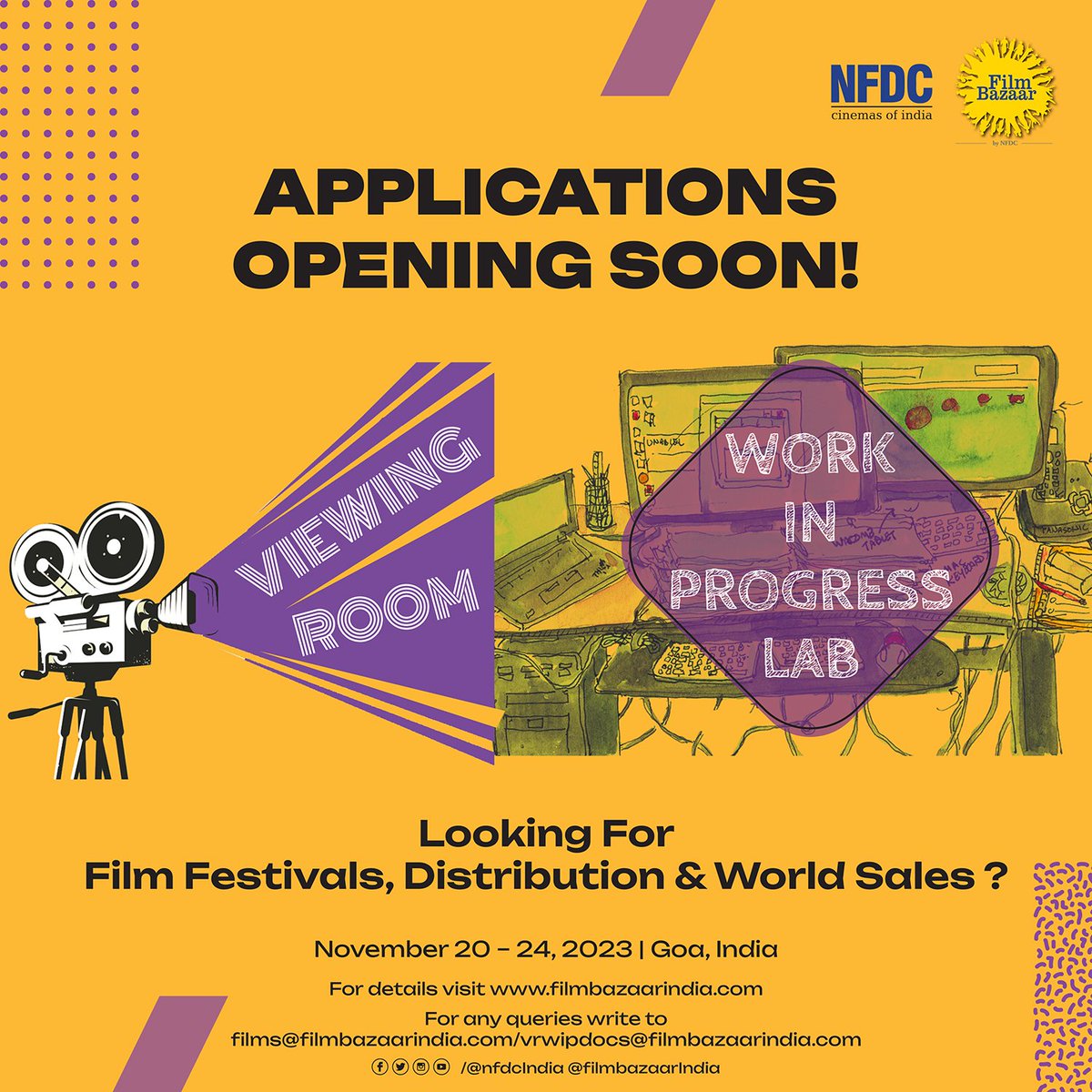 filmbazaarindia's tweet photo. Applications opening soon for Film Bazaar's Viewing Room (VR) and WIP Lab. Check this space for details soon. 

For queries contact: films@filmbazaarindia.com / vrwipdocs@filmbazaarindia.com

#VR2023 #WIP2023 #NFDC #Filmbazaar2023 #ViewingRoom #WorkInProgressLab #FilmBazaar https://t.co/ID34e0cikd