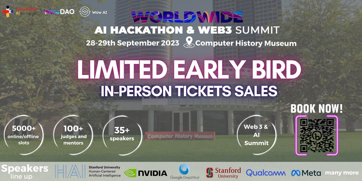 WowDAOAI's tweet photo. Worldwide AI Hackathon &amp; Web3 Summit 

🚀   2-day hybrid event that brings together the AI and Web3 communities with esteemed speakers from HAI Stanford, Berkeley/HAAS, Google, NVIDIA, Meta, and more.

Join us here: https://t.co/K9GGkBNzxy https://t.co/OORdSu06Zb
