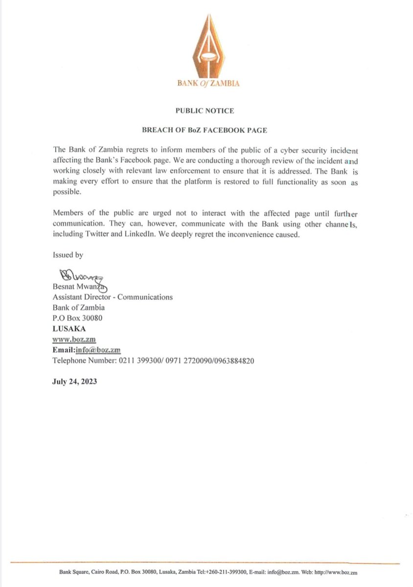 Mwebantu's tweet photo. NOTICE: BREACH OF BoZ FACEBOOK PAGE https://t.co/8uBcJSPmkb