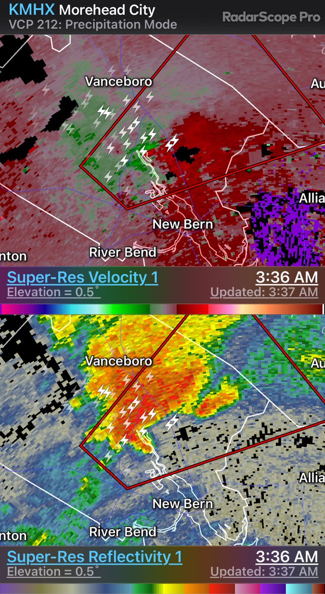 KMHX - Super-Res Velocity 1 3:36 AM Super-Res Reflectivity 1 3:36 AM #ncwx Tornado warning north of New Bern NC. Rotating cell showing up nicely on radar. https://t.co/RD714TPD4S