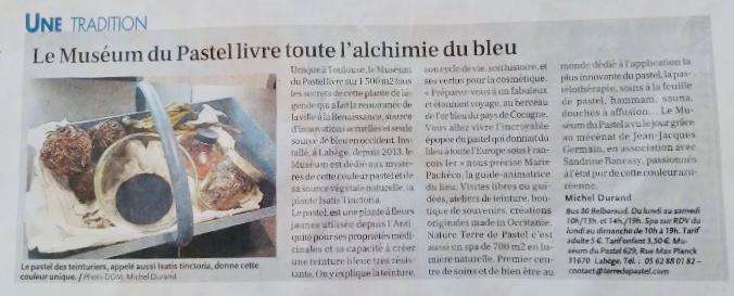 🗞 #PRESSETIME 📰
Un grand merci à la Dépêche du Midi pour la mise en lumière du Muséum du Pastel.
#thankyou #depechedumidi #pastel #alchimiedubleu #presse #bleuparnature #terredepastel #museum