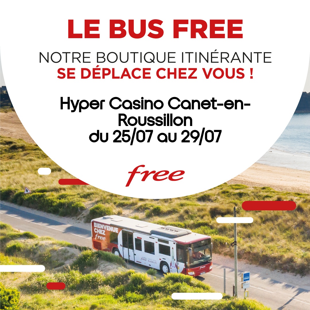 Le bus Free est de retour sur les routes de France😍  Dès demain, retrouvez notre boutique itinérante à l'Hyper Casino Canet-en-Rousillon jusqu'au 29/07📍 Nous vous attendons nombreux 🤝<a href="/Occitanie/">Région Occitanie</a> @numerique66  <a href="/LIndep_perpi/">L’Indep Perpignan</a> @altitude_infra #Fibre #Free #PyreneesOrientales