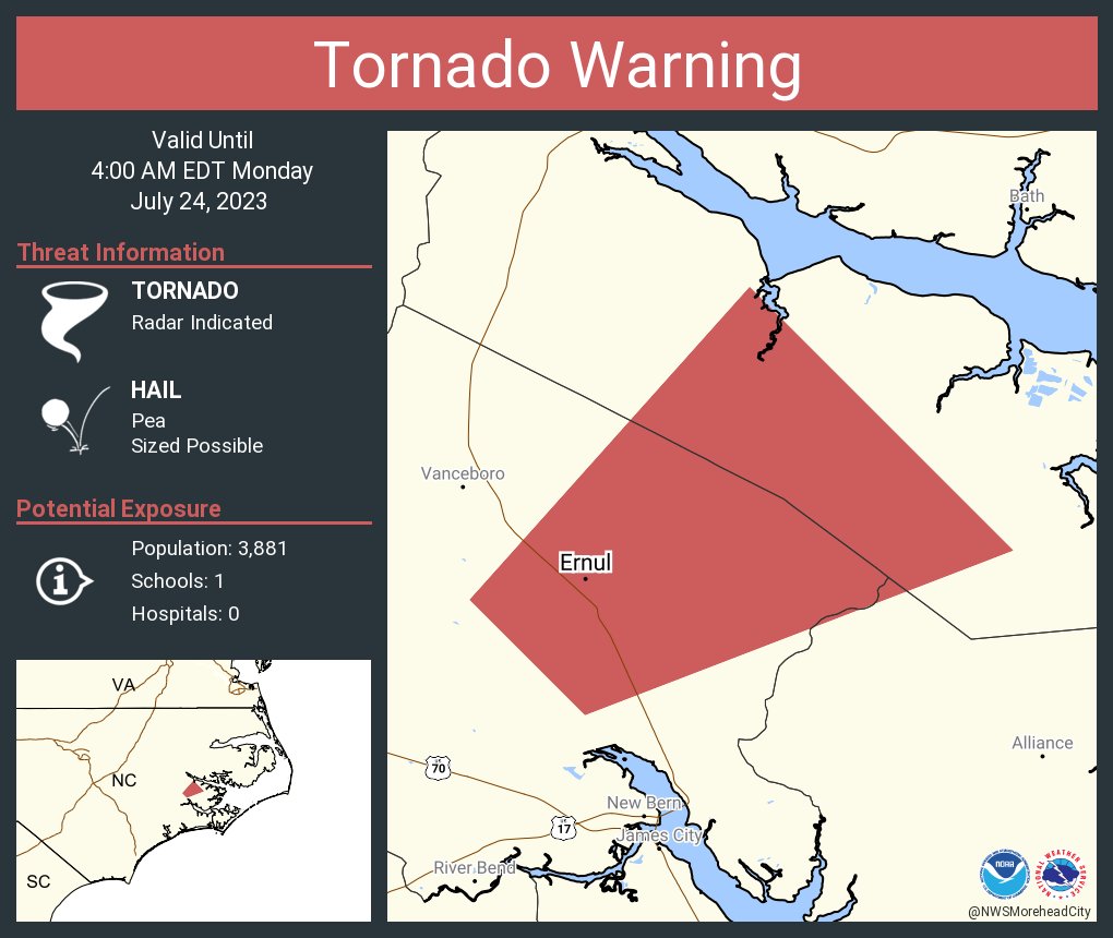 Tornado Warning continues for Ernul NC until 4:00 AM EDT https://t.co/AbWlw1uQQ5