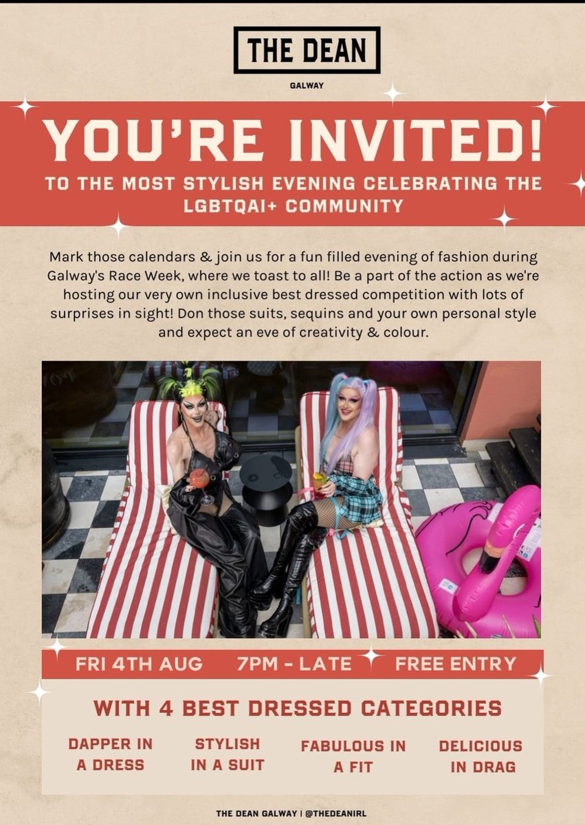 Check out this fab inclusive event taking place in @thedeanhotel during Galway's Race Week
Check out thedean.ie/galway/lgbtqai…

#LGBTQIA #best dressed #inclusive #pride #Pride2023 #galway