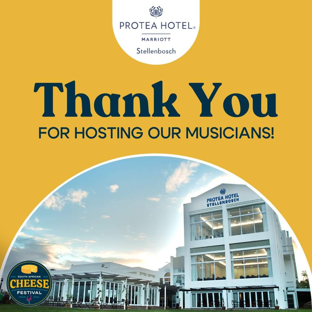 We'd like to extend a huge Thank You to the Protea Hotel by Marriott Stellenbosch for their contribution of accommodation for our artists! It is a tremendous privilege to have our musicians stay in class and beauty over the fun-filled Cheese Festival weekend #grateful #Sponsor