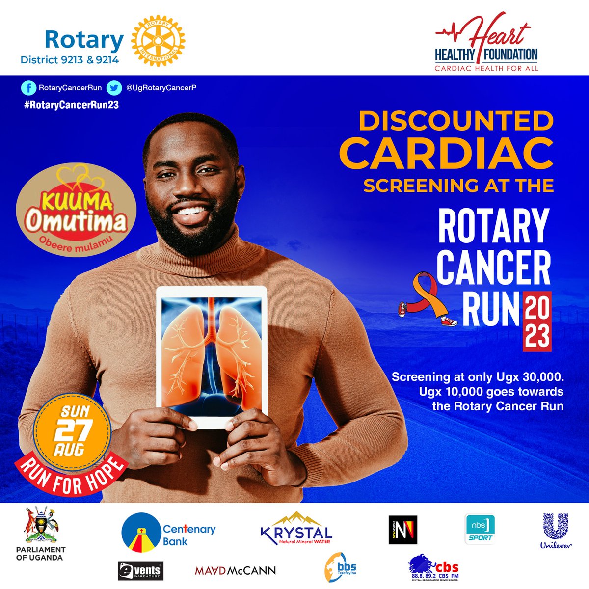 Know your number and reduce your risk of getting #heartdiseases or stroke.

Join us on Sunday 27th August 2023 at Kololo Airstrip during the #RotaryCancerRun23 as millions of Ugandans run for a cause and get a discounted cardiac screening check up.