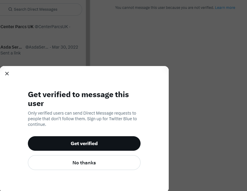 MxMElliott's tweet photo. @CenterParcsUK Hi @CenterParcsUK - this doesn't work. Since the Twitter changes, only Verified accounts can DM accounts that don't follow them. I need you to (briefly) follow me so I can message you. Even with you setting up the conversation/link. https://t.co/9J1n6XG9np