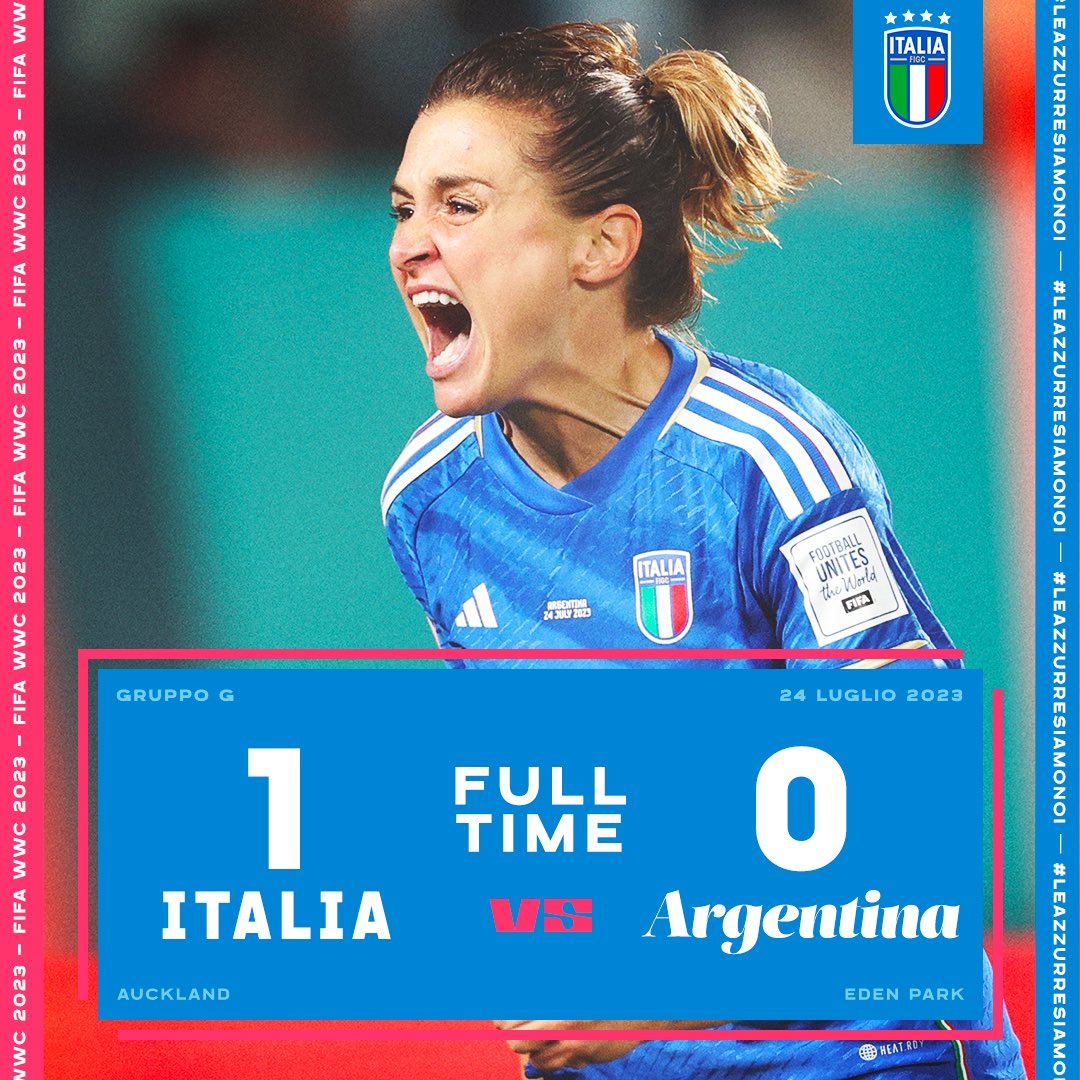 𝑭𝑰𝑭𝑨 𝑾𝒐𝒎𝒆𝒏'𝒔 𝑾𝒐𝒓𝒍𝒅 𝑪𝒖𝒑 🌏 🇮🇹vs🇦🇷 1️⃣-0️⃣ ⚽️ #Girelli 87’ 📋 #Azzurre vittoriose all’esordio, grazie a un gol allo scadere di una gara difficile e combattuta 👏🏻😀 #ItaliaArgentina #FIFAWWC #Nazionale 🇮🇹 #LeAzzurreSiamoNoi