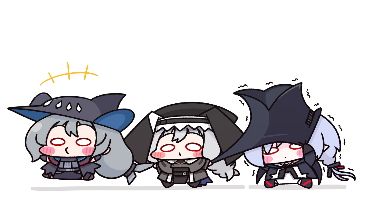 skadi (arknights) ,specter (arknights) 3girls multiple girls black headwear chibi blush stickers hat o o  illustration images