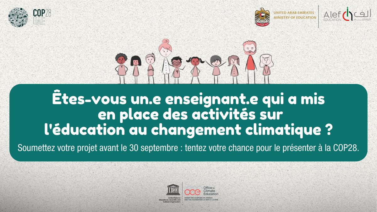 📣 Notre #TeachersCOP est de retour !

Enseignant.e.s, partagez avec nous vos projets d'éducation au changement climatique.🌱

Vous pourrez inspirer vos collègues autour du 🌏 et contribuer à faire avancer les discussions climatiques à la #COP28.

🔗 bit.ly/3XWl2SM